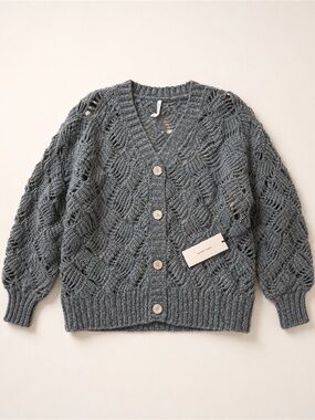 Paper label Lynn Textured merino wool Open-Knit V-Neck Button Cardigan - Gray